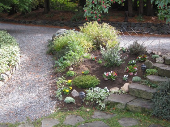 garden bed between the house, studio and driveway